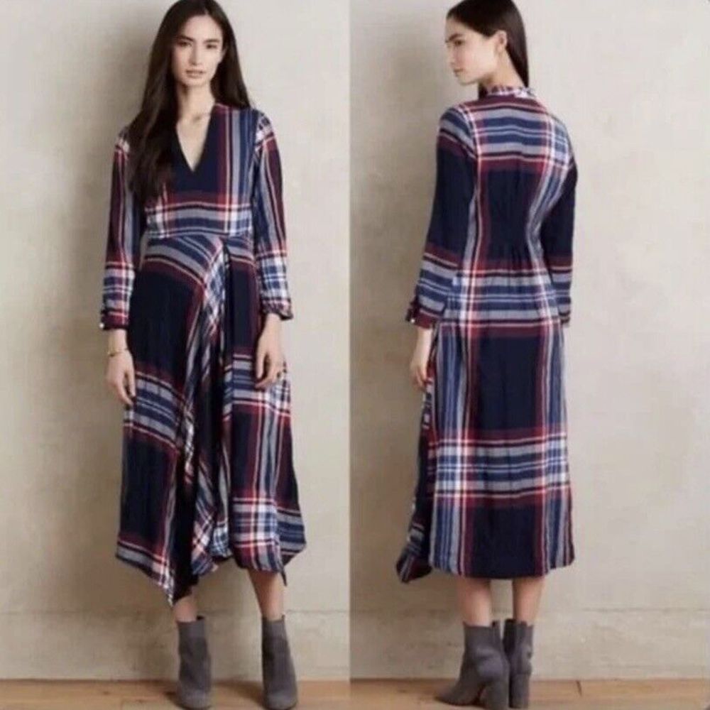 Anthropologie Isabella Sinclair Tartan Plaid Western Prairie Midi Dress Sz Small - Picture 3 of 8